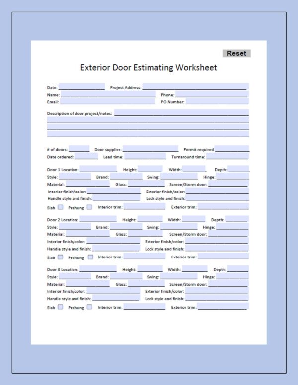 Exterior Door Estimating Worksheet