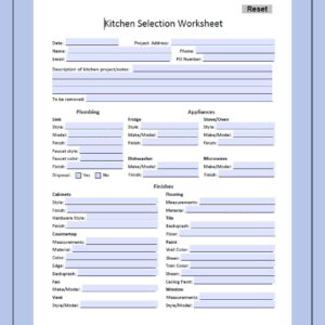 Kitchen Selection Worksheet