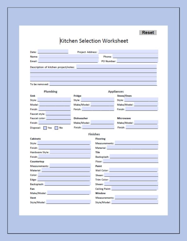 Kitchen Selection Worksheet