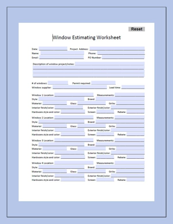 Window Estimating Worksheet